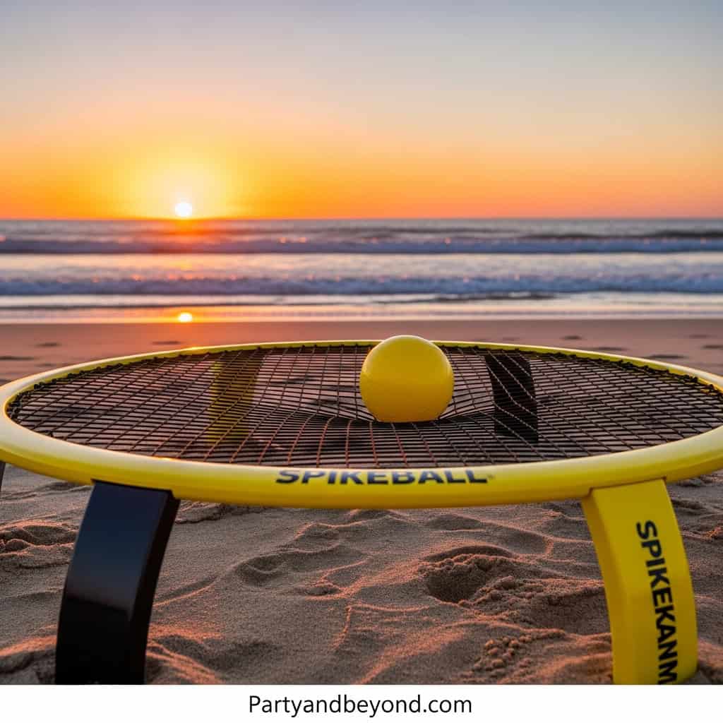 Beach sunset with Spikeball game setup for outdoor wedding entertainment.