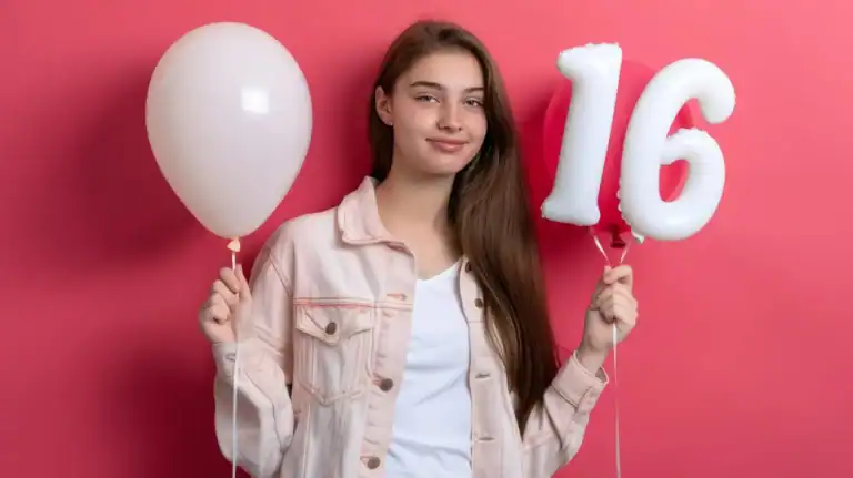 Young girl holding a white balloon and a "16" balloon for a Sweet 16 party.