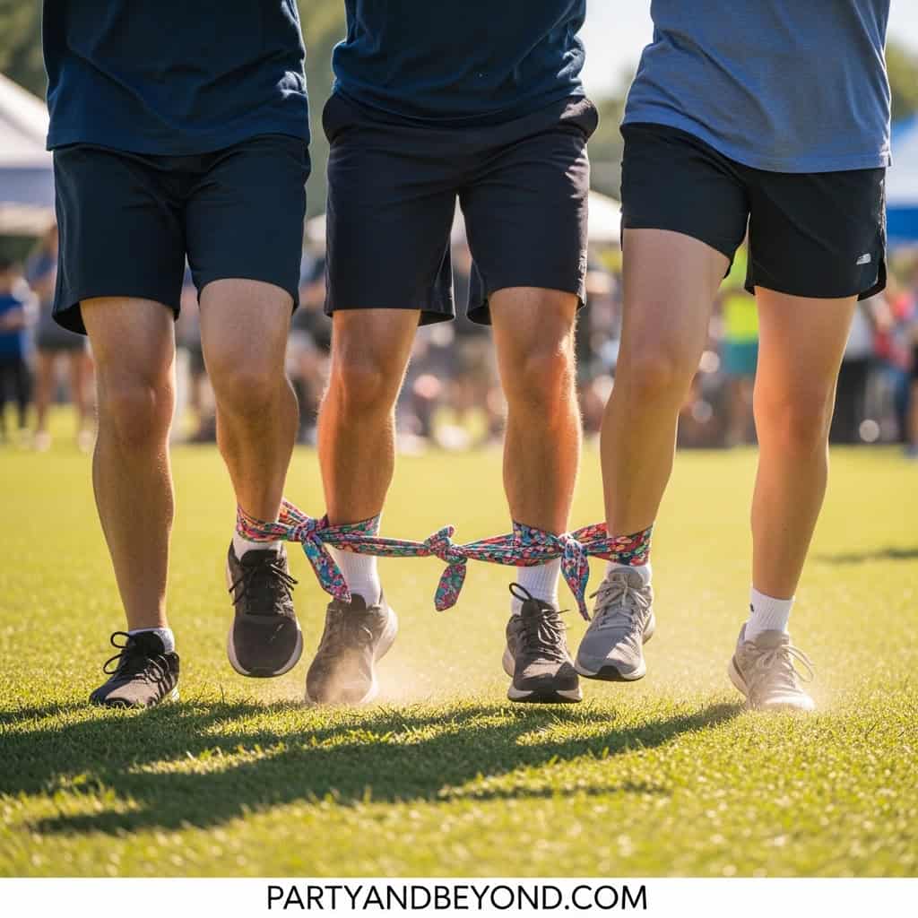 Group of people participating in a fun outdoor team-building game at a wedding or party.