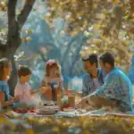 21 Thanksgiving Games for Family Fun and Bonding Thanksgiving family picnic with children and parents outdoors.