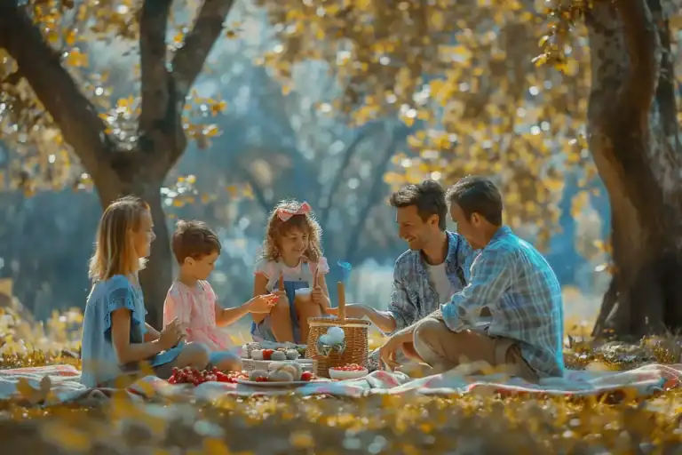 Thanksgiving family picnic with children and parents outdoors.