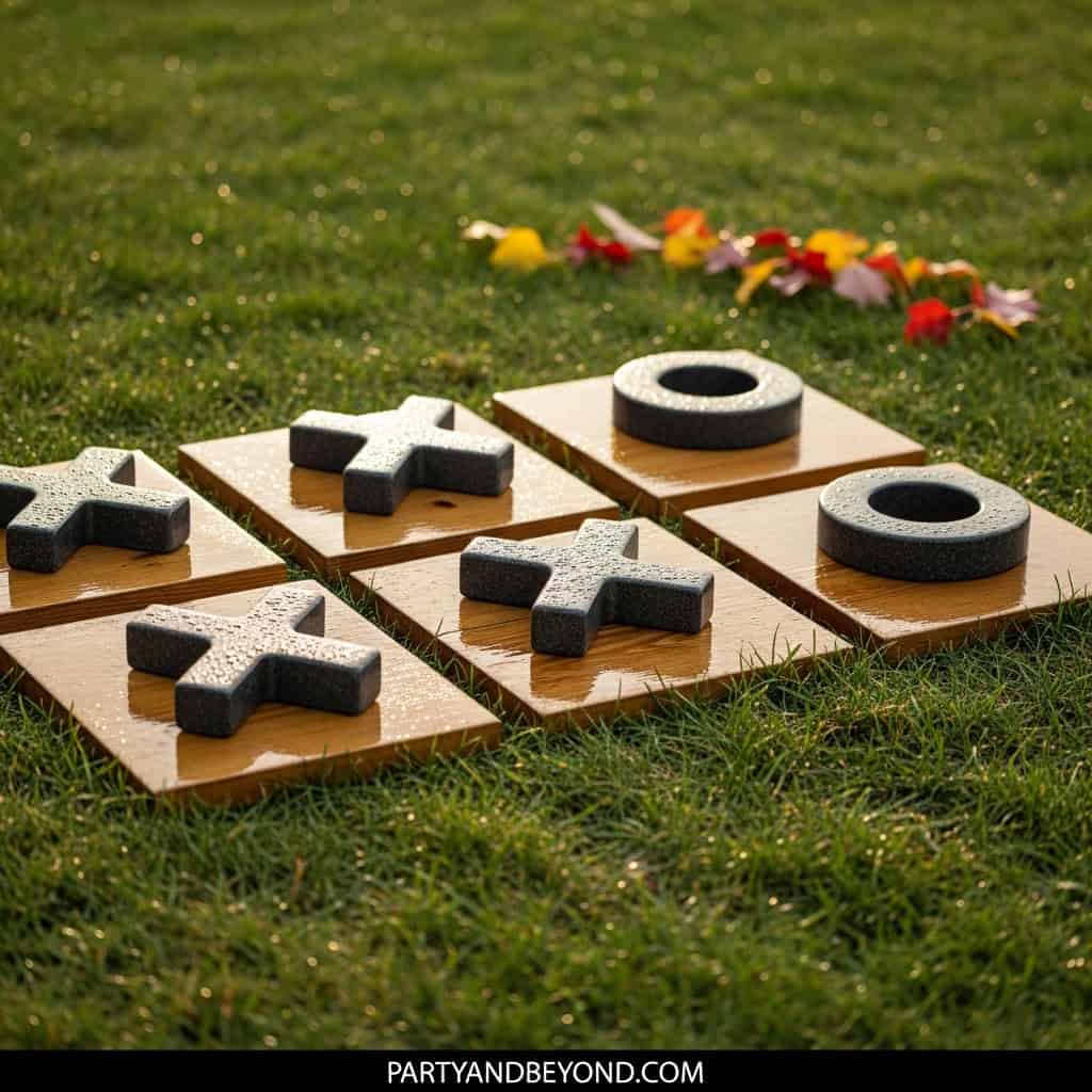 Outdoor giant tic tac toe game on grass for wedding lawn entertainment.