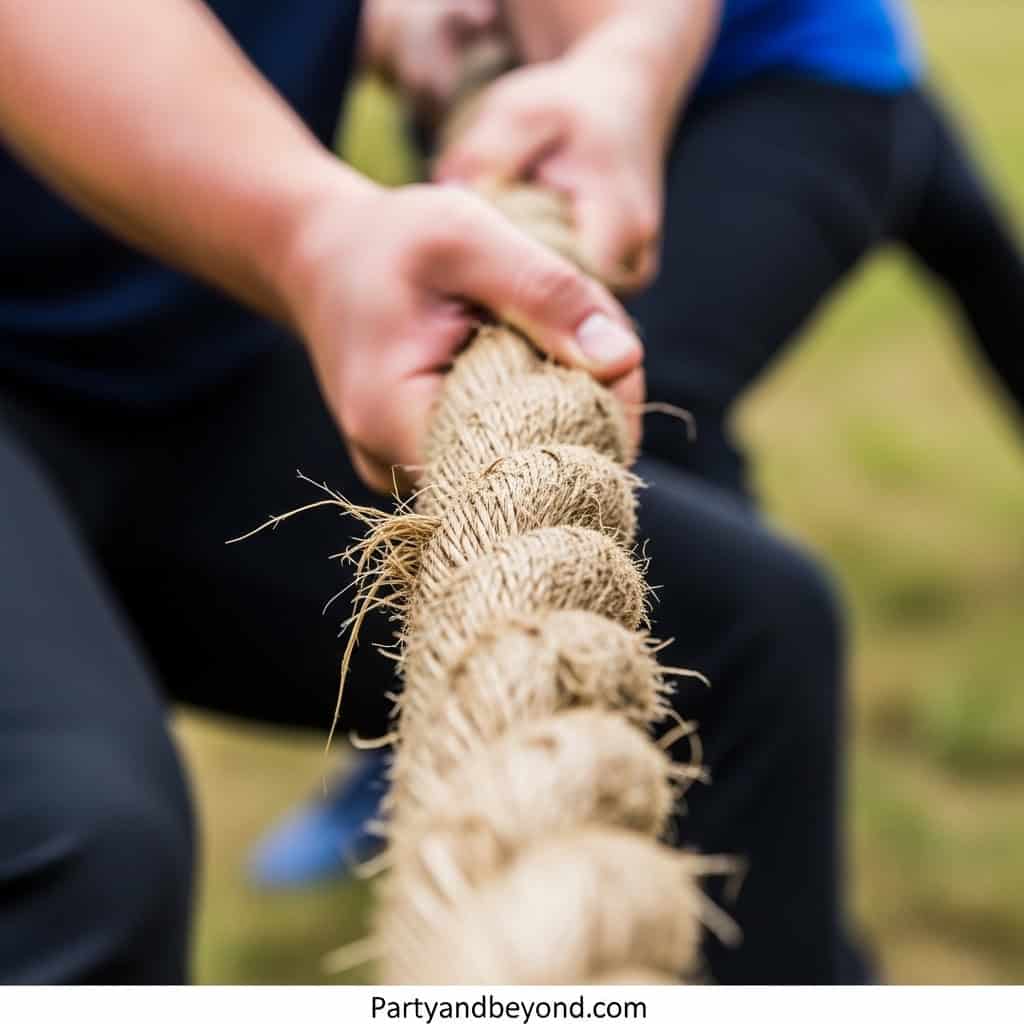People playing tug of war game at outdoor wedding celebration.