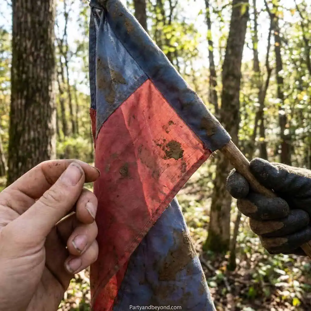 Dirty flag held by hand in forest, outdoor party game scene.