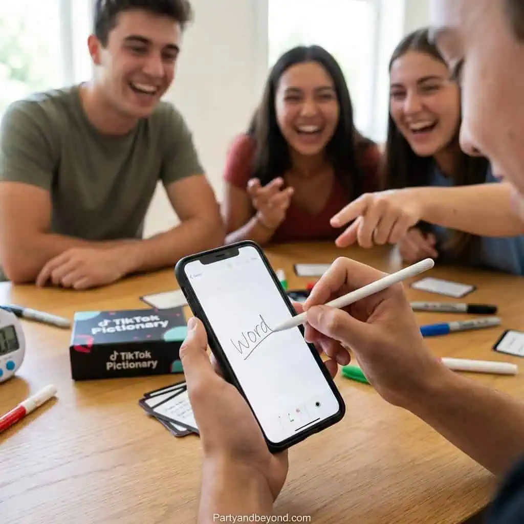 Group of friends playing TikTok party game with smartphone and markers.