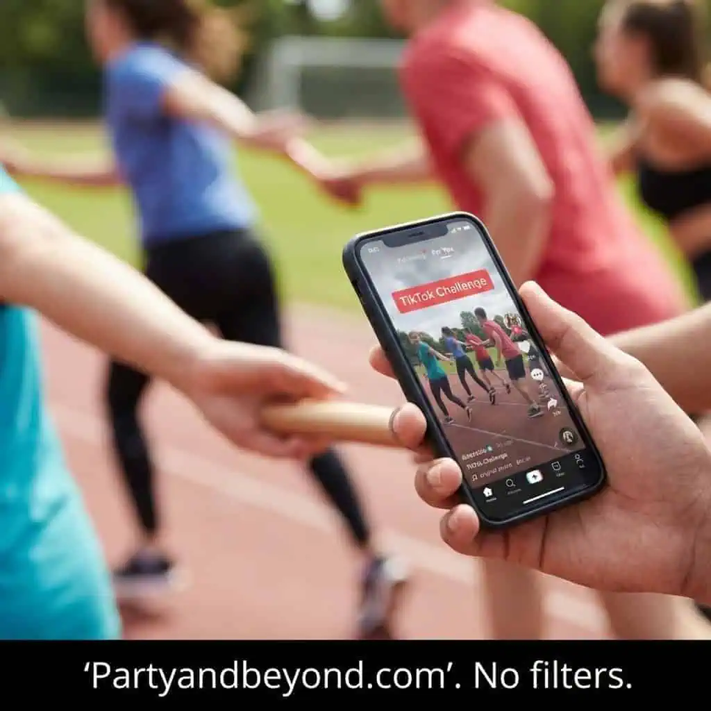 People playing TikTok party game challenge outdoors with smartphone.