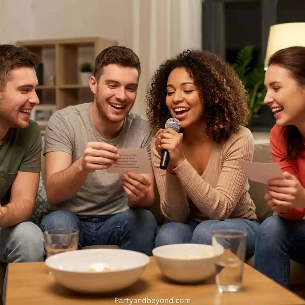 Group of friends enjoying karaoke night at home, singing and laughing together.