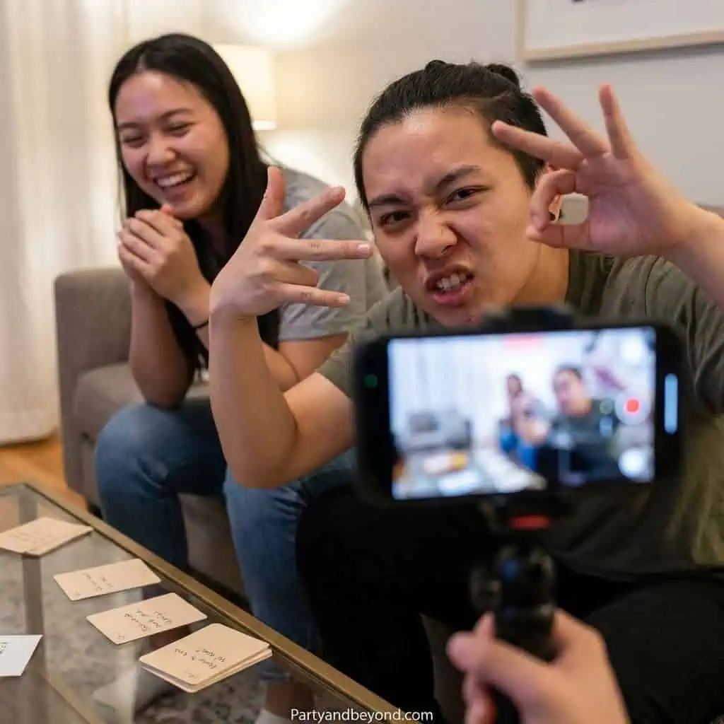 Young people filming TikTok party game challenges at home.