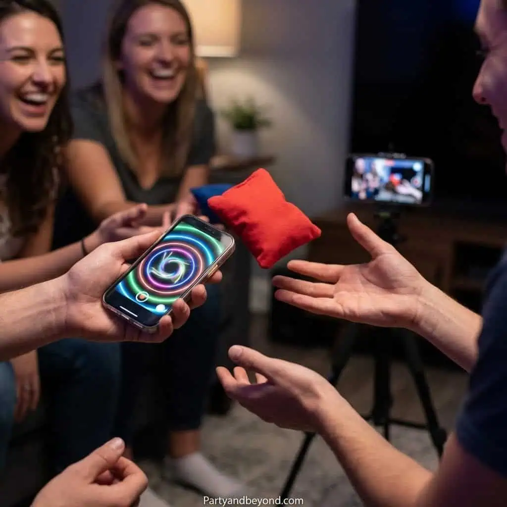 People playing TikTok party game with smartphone and red pillow.