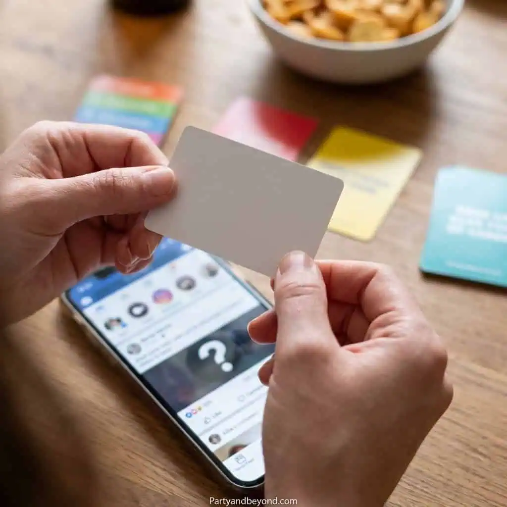 Person holding a blank card with a smartphone and game cards on a wooden table.