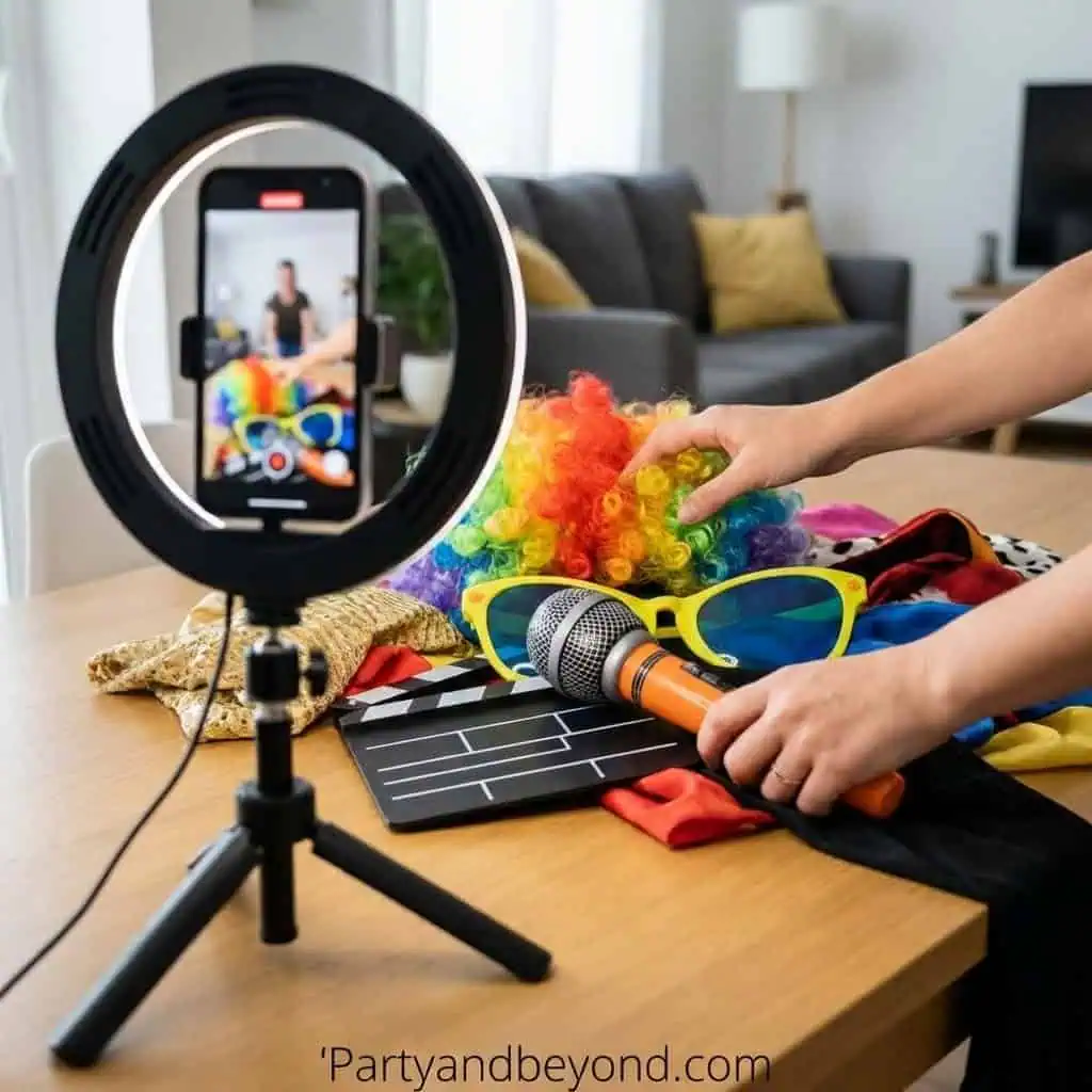 Setting up TikTok party game challenge with colorful props and smartphone.