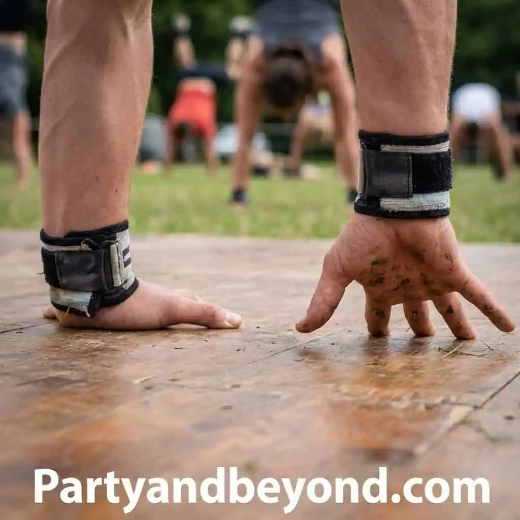 Crawling hands on the dance floor at a lively outdoor party.