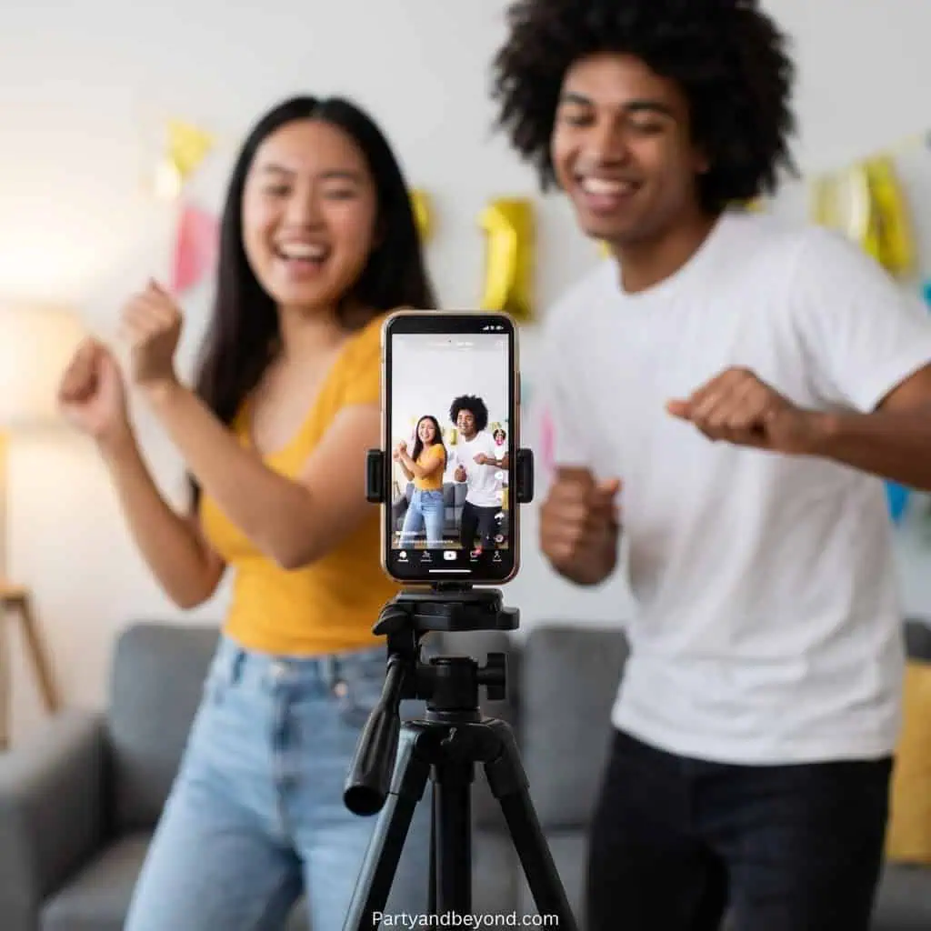 Friends recording TikTok party games at home with smartphone.