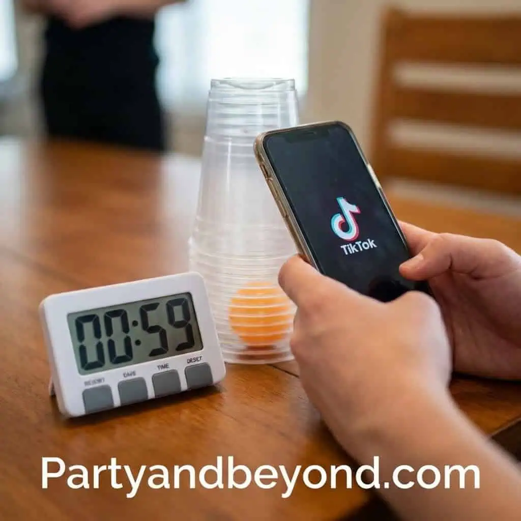 Person holding smartphone with TikTok app during party game challenge.