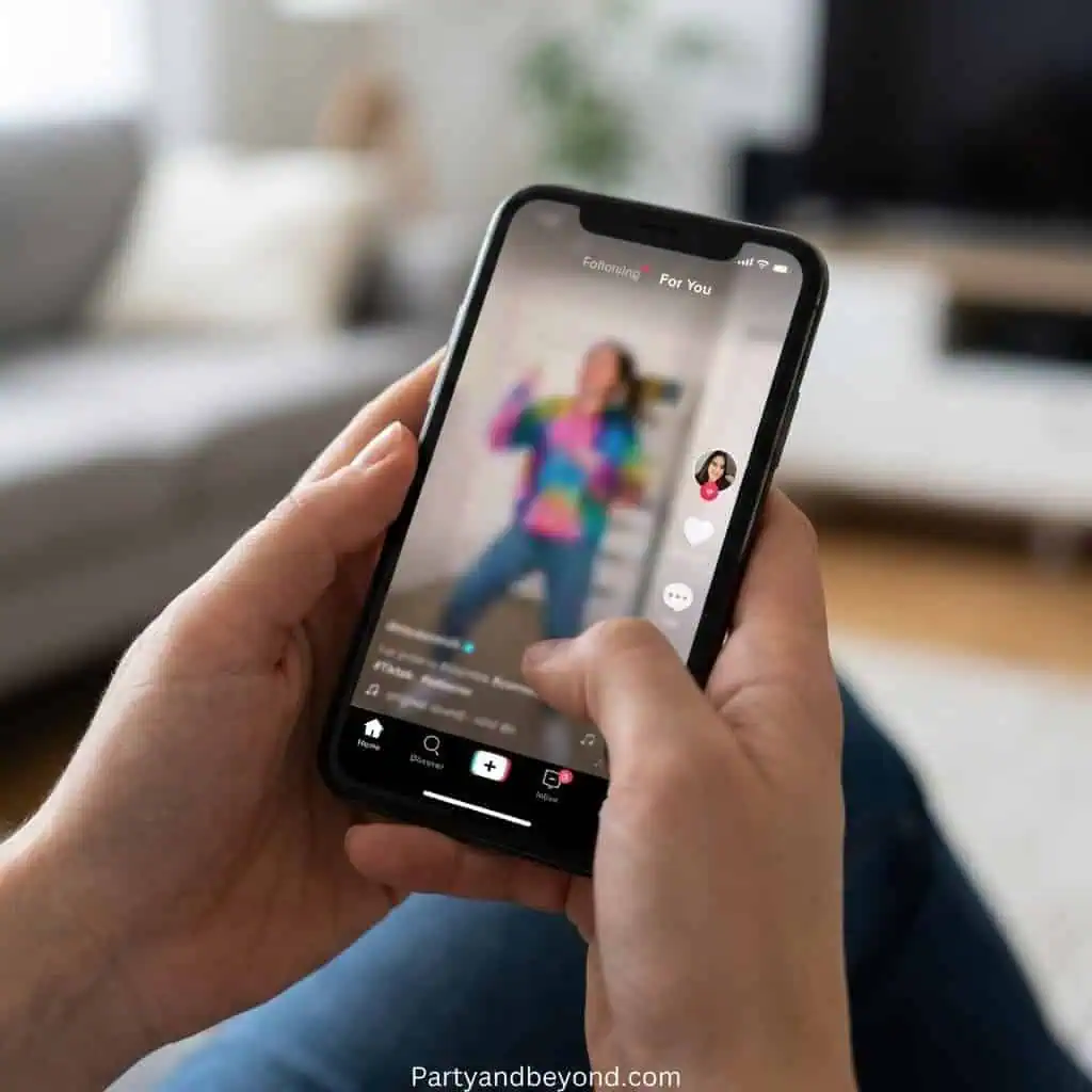 Person recording TikTok dance challenge on smartphone at home.