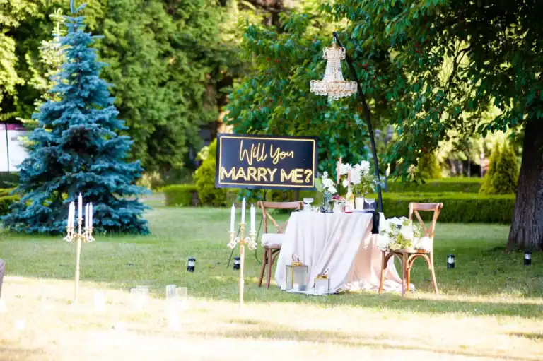Romantic outdoor marriage proposal with a "Will You Marry Me?" sign, elegant table, and floral decor.