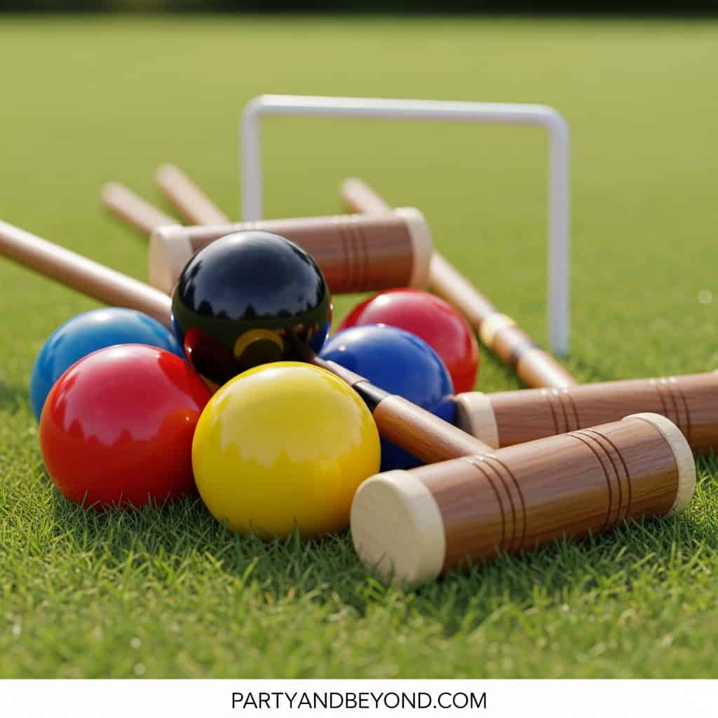 Outdoor lawn game set with colorful balls and mallets for wedding entertainment.