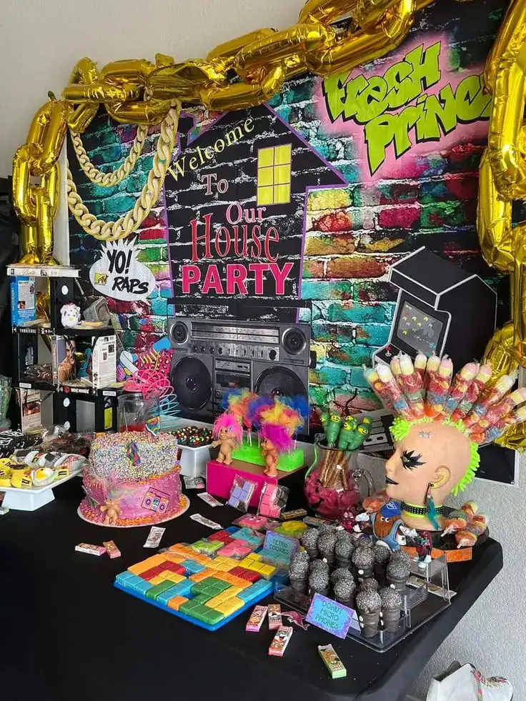 Students in decade-themed costumes celebrating at an end-of-year school party with era-specific decorations