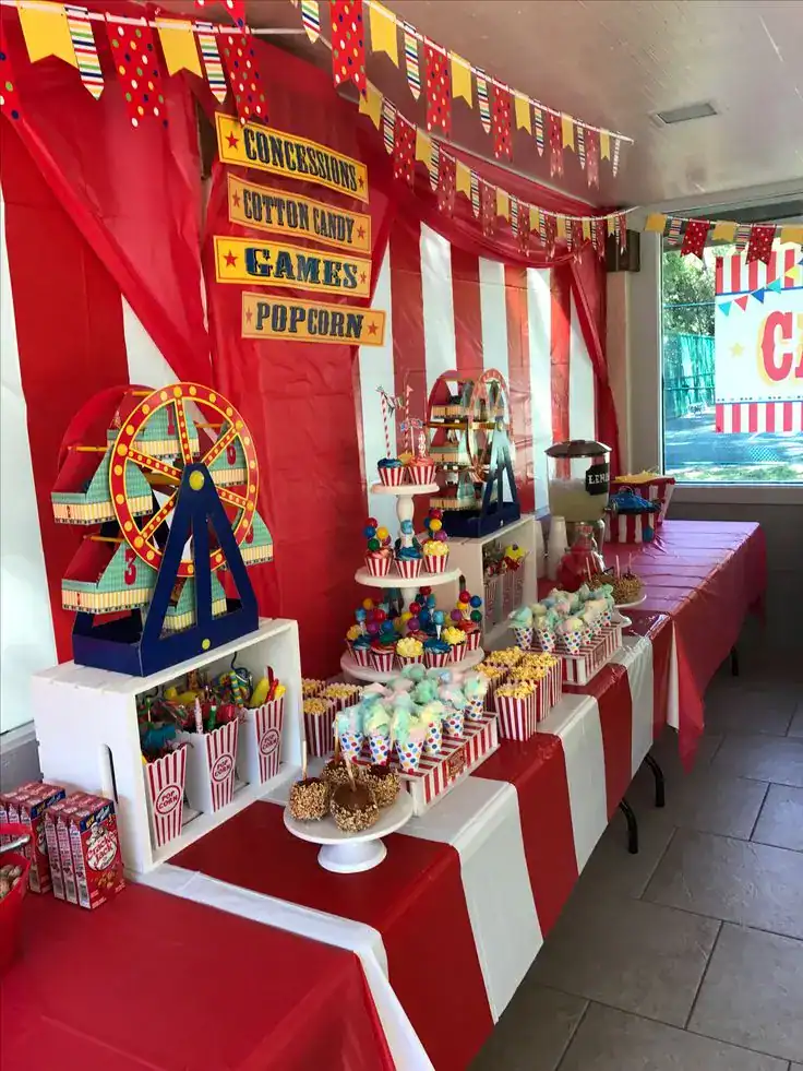 Carnival game stations and colorful decorations for an end-of-year school party celebration