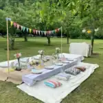 27 End-of-Year School Party Ideas That Students Will Actually Remember Festive outdoor school party setup with decorated tables, colorful bunting, and picnic cushions in a.