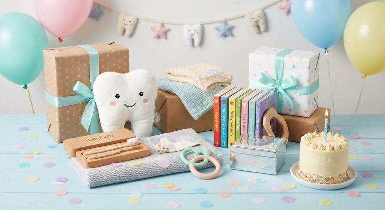 First tooth party gift ideas with cute decor, gifts, and celebration items for a baby's milestone.