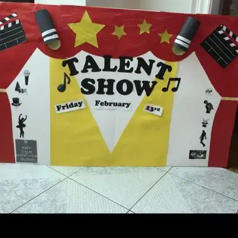 Colorful talent show poster for end-of-year school celebration with stage icons and performance theme