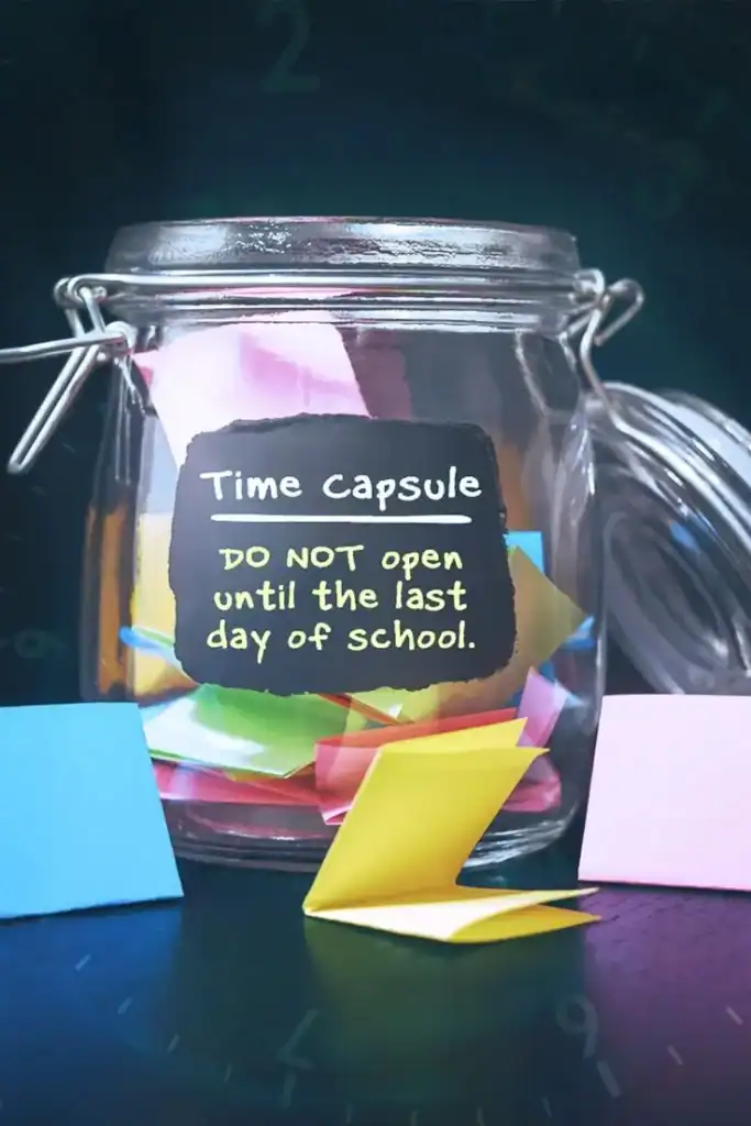 Time capsule jar filled with colorful notes and small mementos for an end-of-year school celebration