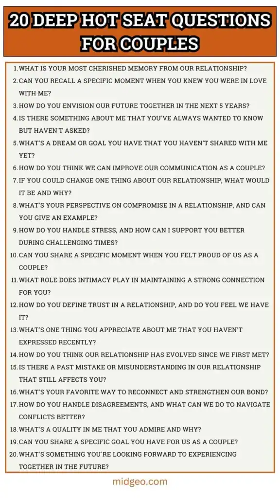 Deep hot seat question for couples about cherished memories.