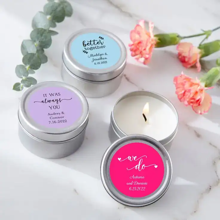 Personalized candles for housewarming party favors.
