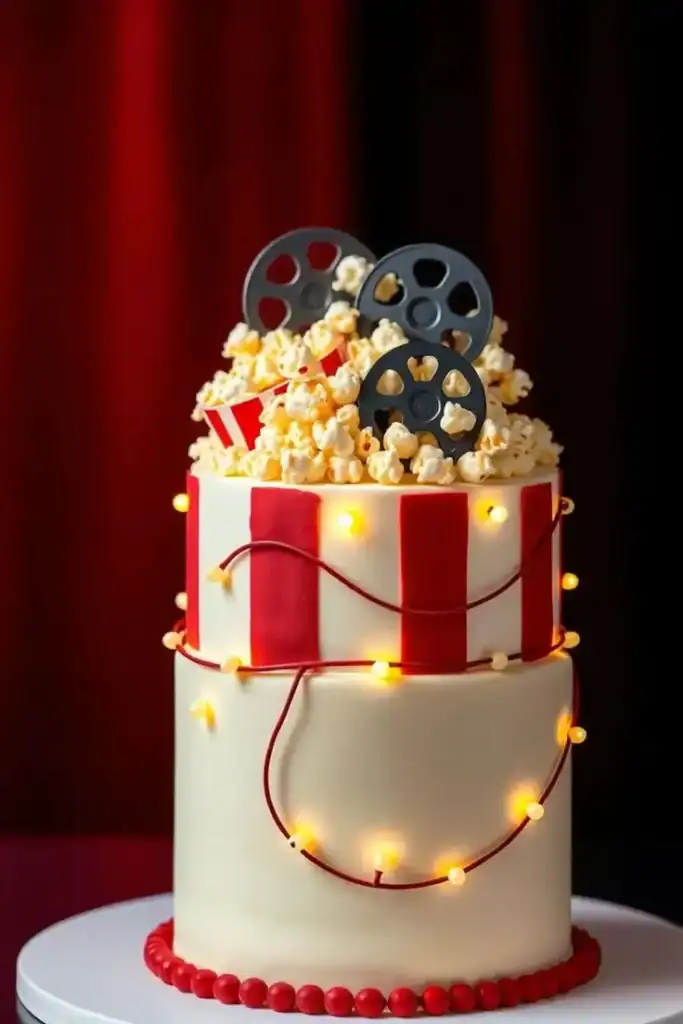 Movie-themed birthday cake with film reel, popcorn, and cinema decorations for a movie night birthday party