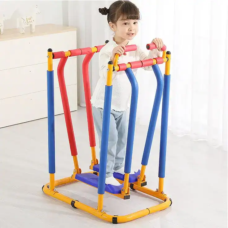 Child using colorful indoor stepper for kids.