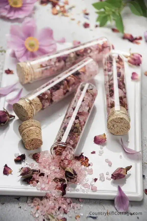 Elegant DIY bath salts in glass tubes for housewarming favors.