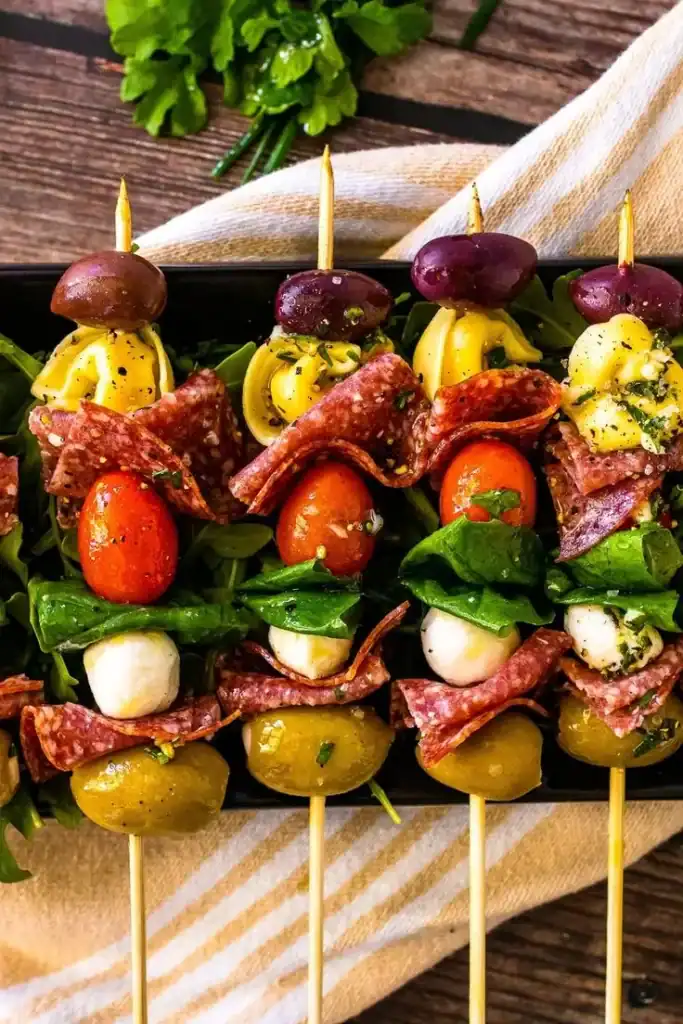 Antipasto skewers make-ahead party food platter for a crowd.