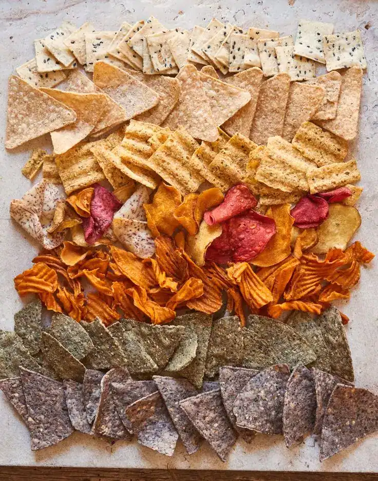 Assorted veggie chips make-ahead party food platter for a crowd.