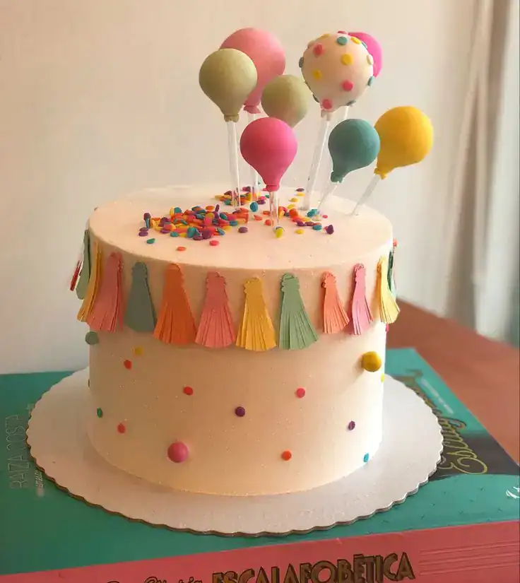 Colorful birthday cake decorated with fondant balloon shapes in multiple colors, perfect for a festive party