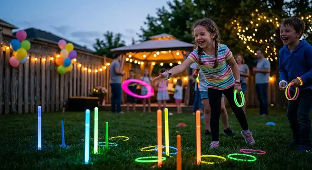 Glow stick ring toss evening game for kids
