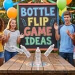 17 Bottle Flip Game Ideas Group of kids playing bottle flip game outdoors with colorful balloons and a signboard.