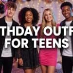 19 birthday outfits for teens Group of teens in stylish birthday outfits celebrating at a party with balloons and fairy lights.