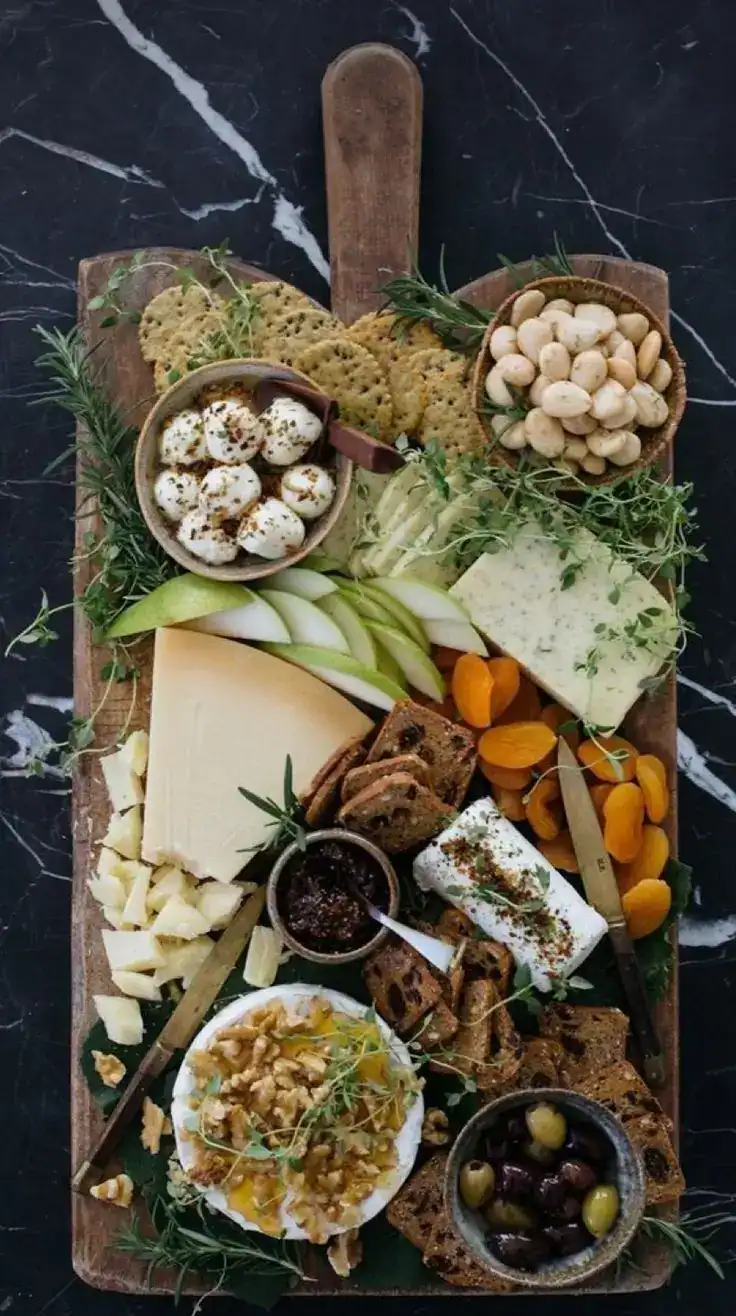 Elegant cheese and charcuterie board with fresh fruits and nuts.