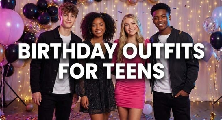 Group of teens in stylish birthday outfits celebrating at a party with balloons and fairy lights.