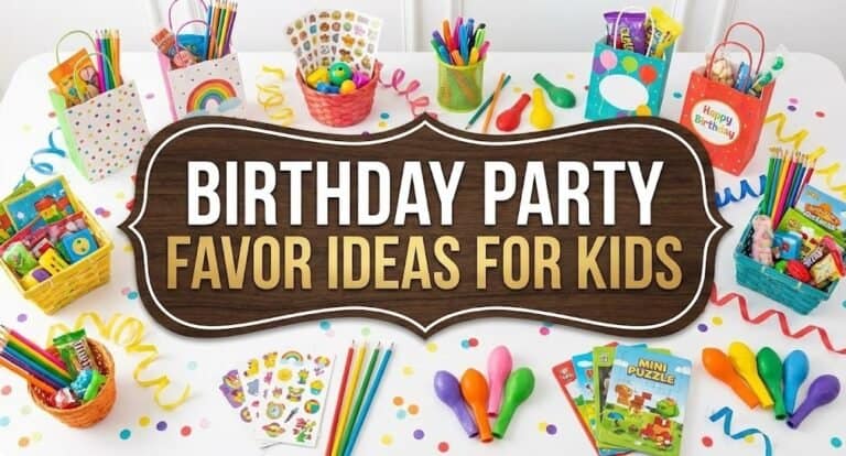 Colorful collection of birthday party favors and supplies for kids' celebration.