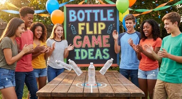 Group of kids playing bottle flip game outdoors with colorful balloons and a signboard.