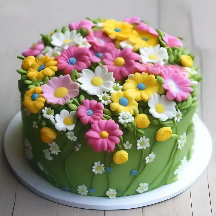 Flower garden birthday cake with pink, yellow, and white buttercream flowers covering the top and sides for a spring or summer celebration