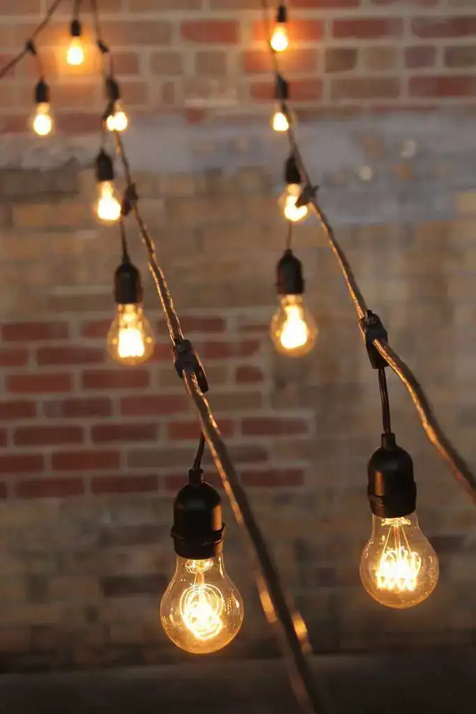 Decorative string lights with vintage bulbs for cozy housewarming ambiance.