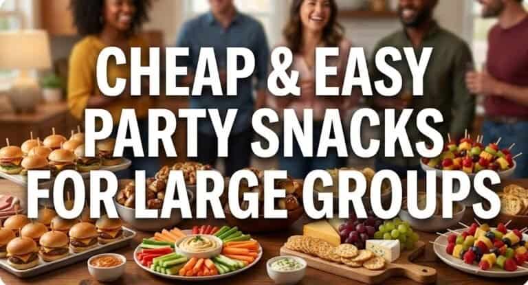 Assorted party snacks including sliders, vegetables, and fruit for large gatherings.
