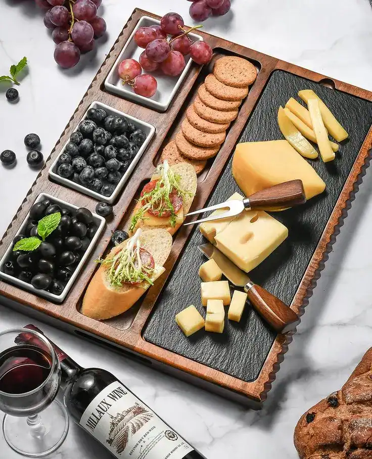 Elegant cheese and fruit platter for housewarming parties and gatherings.