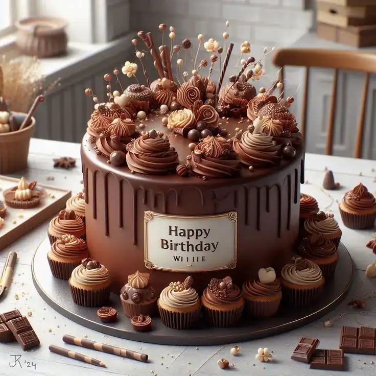 Rich chocolate drizzle birthday cake with ganache drips, chocolate shavings, and assorted chocolate decorations