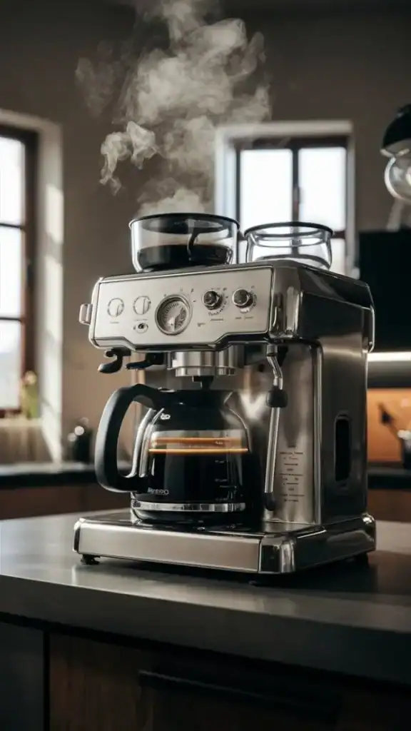 Coffee maker with steam rising, ready to serve fresh coffee. Perfect for housewarming gatherings and.