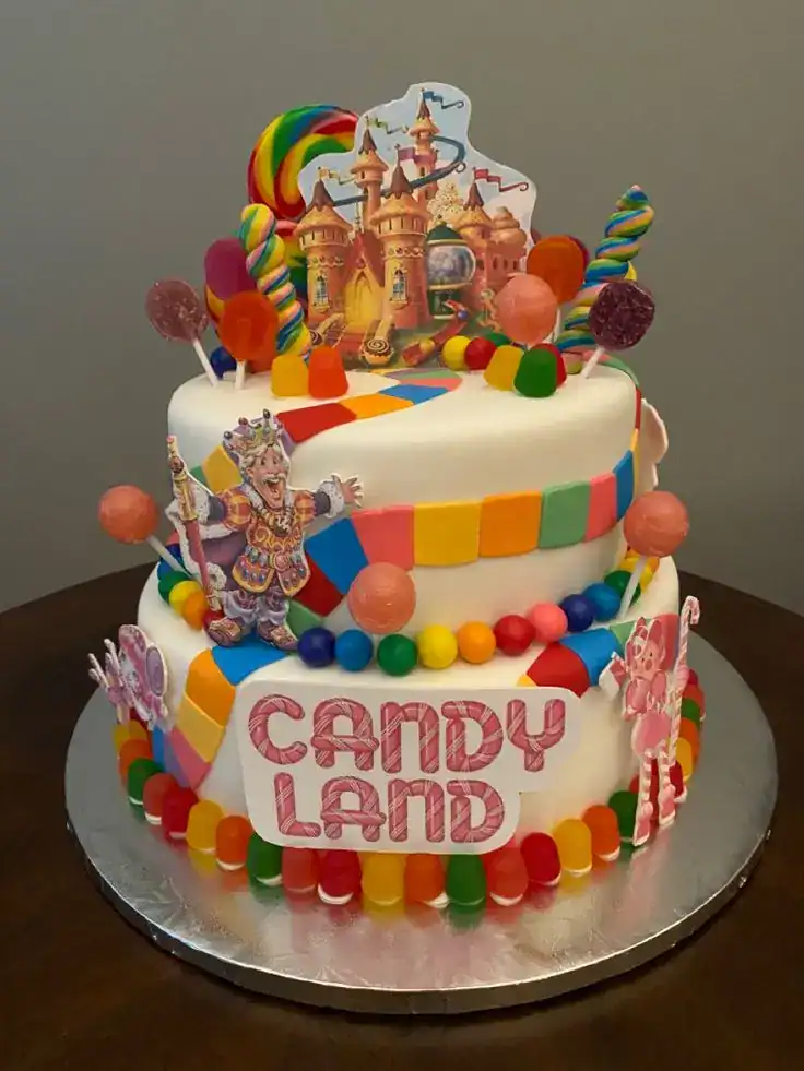 Candy Land birthday cake decorated with lollipops, gummy bears, rock candy, and colorful candy pieces arranged on white frosting