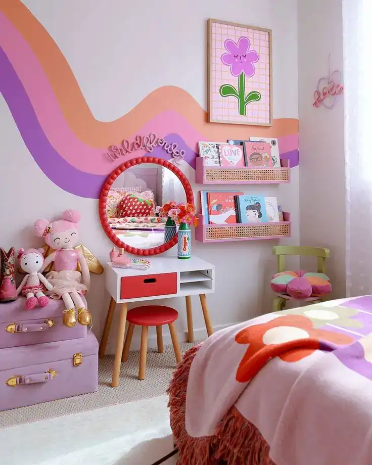 Kids' bedroom decor with plush toys, wall art, and a vanity for birthday celebrations.